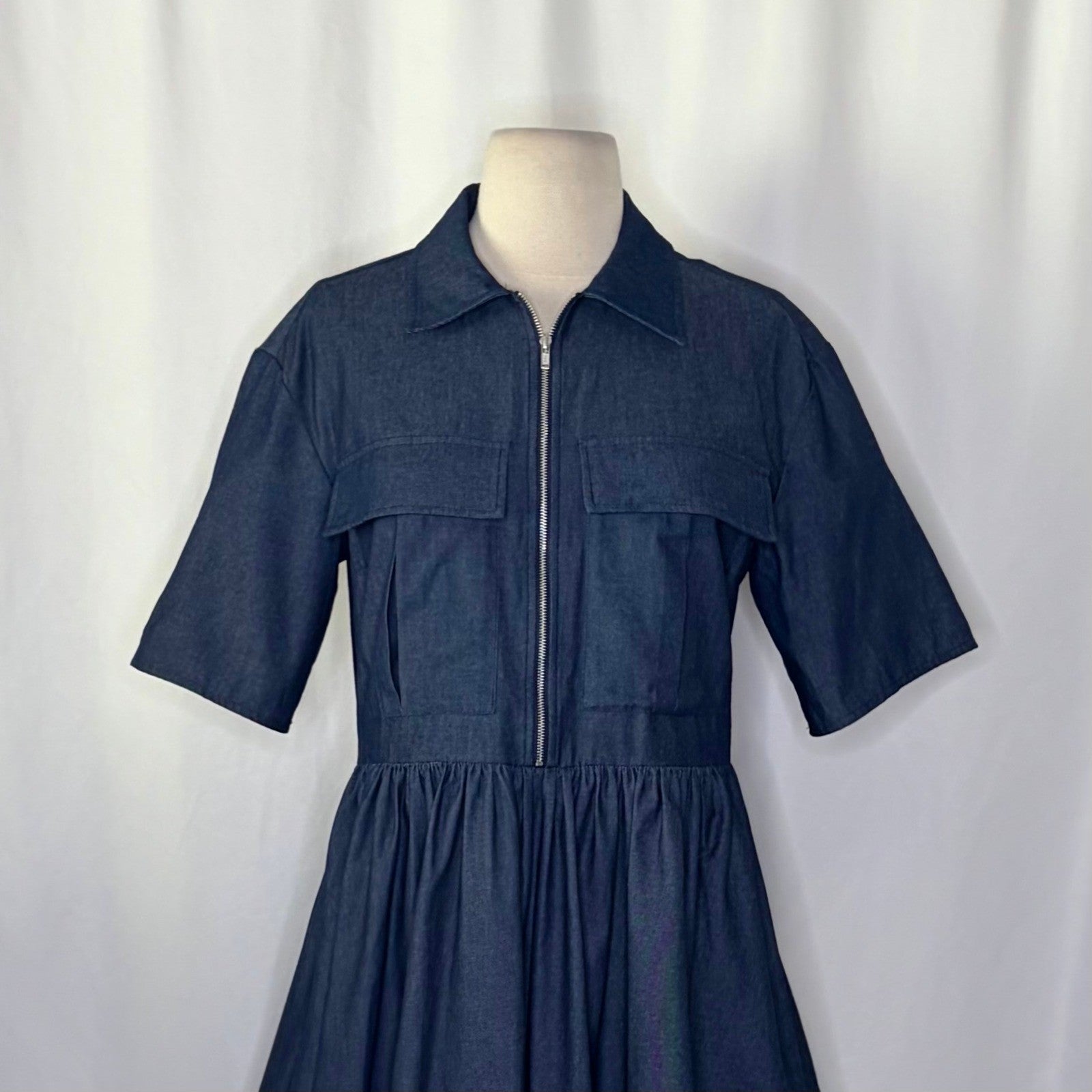 Anthropologie MARE MARE Short Sleeve Denim Bubble Hem Mini Dress Pockets Small