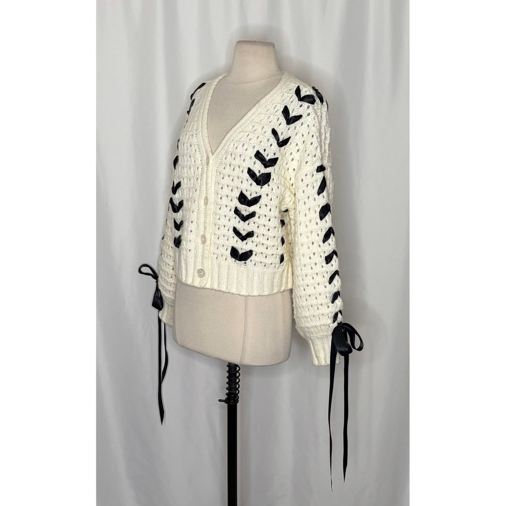 FOR LOVE & LEMONS Laurel Cardigan Sweater Office White Black Ribbons X-Small
