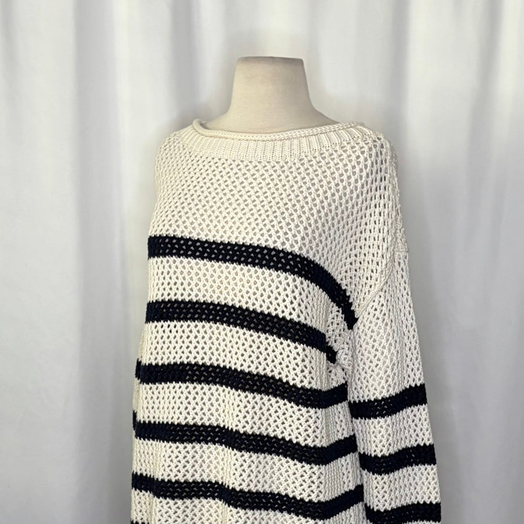 NWT!! ZARA Navy Ivory Striped Pullover Sweater Open Knit Nautical X-Small Small