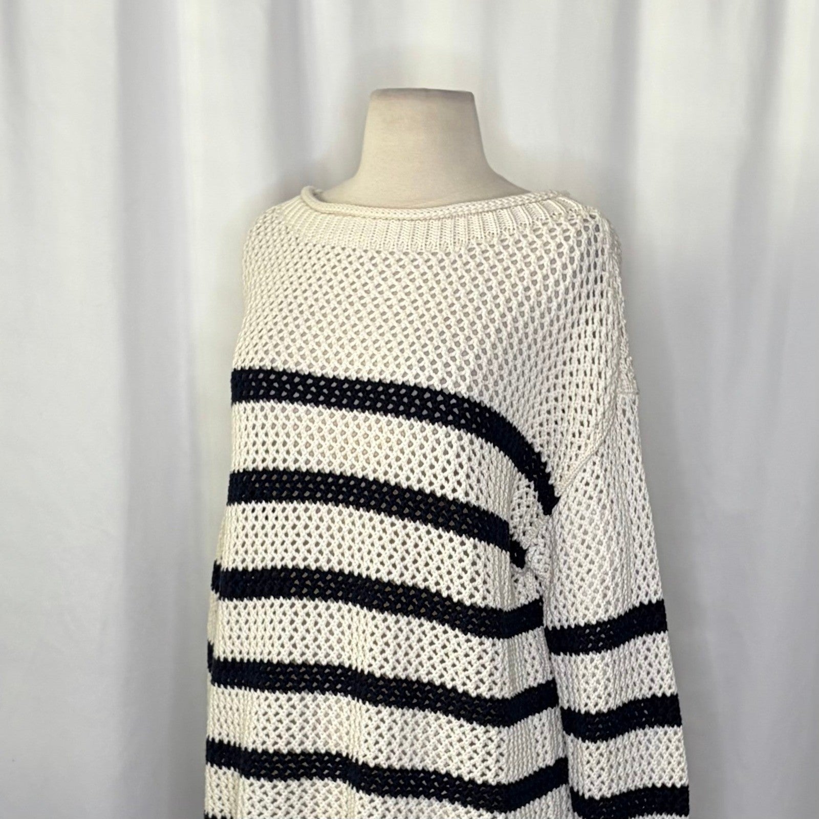 NWT!! ZARA Navy Ivory Striped Pullover Sweater Open Knit Nautical X-Small Small