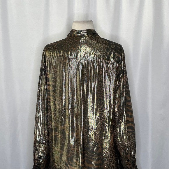 REISS Kendall Metallic Animal Print Tie Neck Blouse Gold Buttondown Size 8