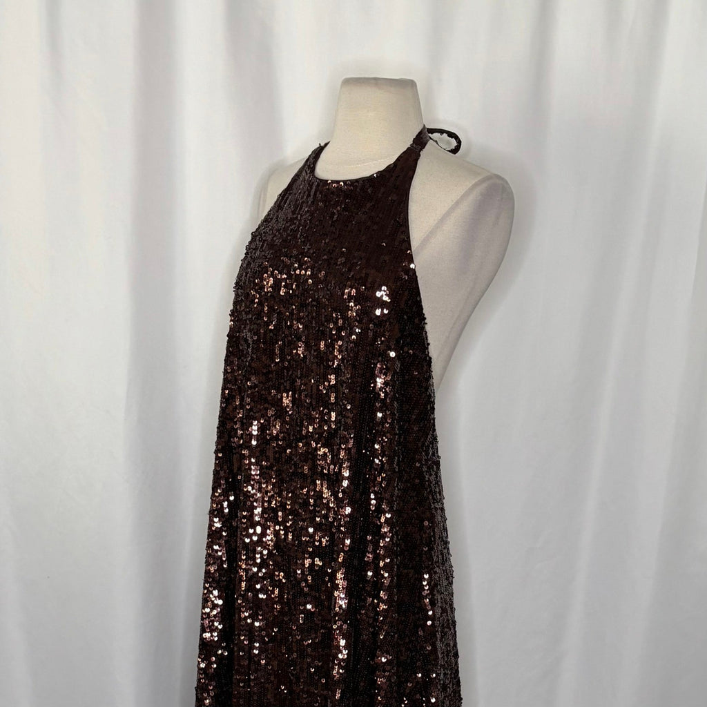 ZARA Chocolate Brown Sequin Halter Maxi Dress Festive Party Sequinned Small