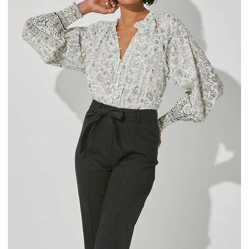 CLEOBELLA Ivy Blouse Woodblock Floral Paisley Print Top Smocked Ruffled Small