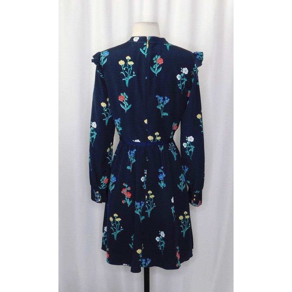 DRAPER JAMES Tisdale Navy Blue Floral Dress Tie Neck Ruffle Shoulders Size 8