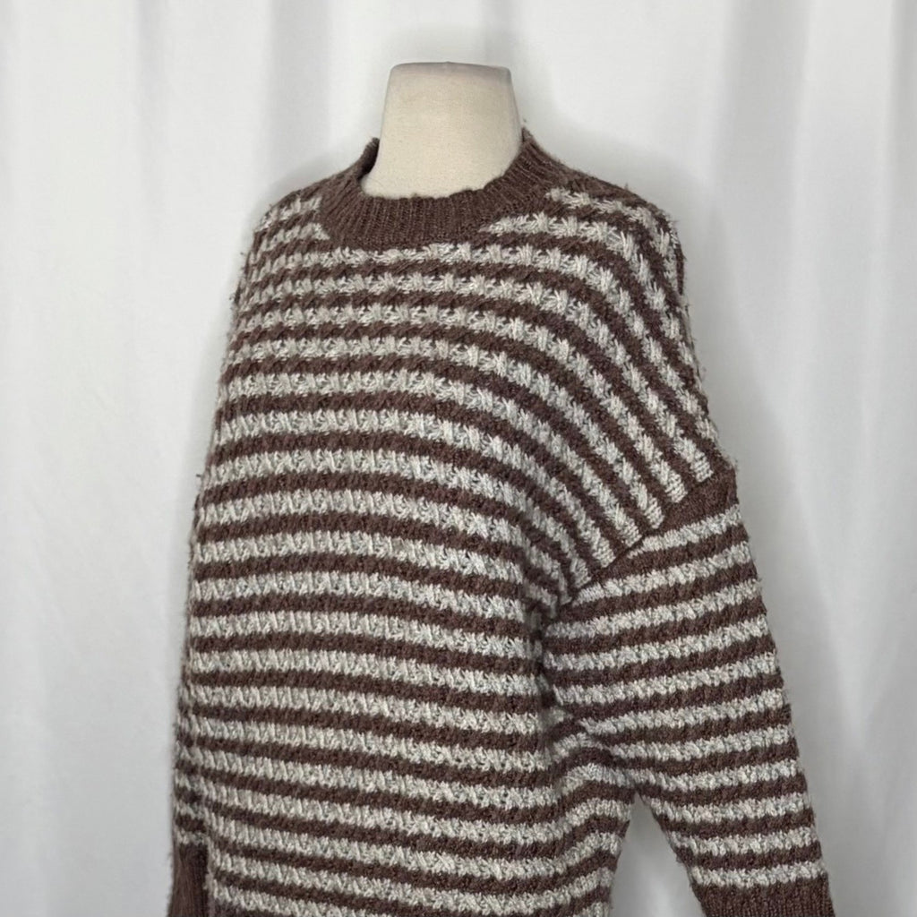 ZARA Wool Chunky Knit Oversized Sweater Brown Grey Stripes Pullover Knit Small