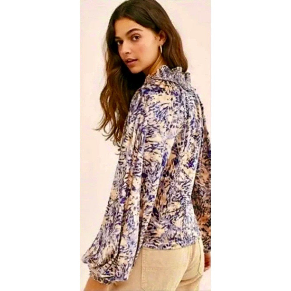FREE PEOPLE Smocked Crushed Velvet Top Blouse Go Get 'Em Tiger Animal Small