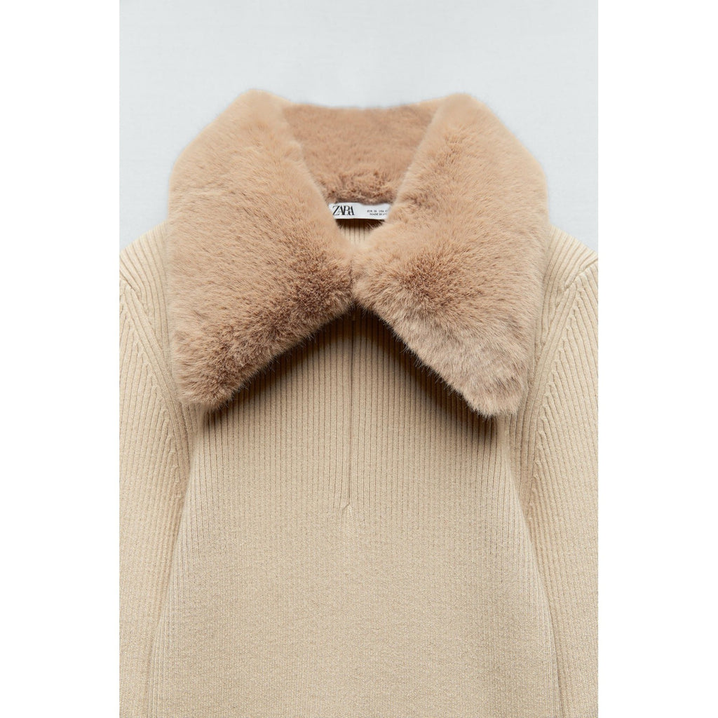 NWT!! ZARA Faux Fur Lapel Knit Sweater Tan Light Brown Zipper Pullover Small