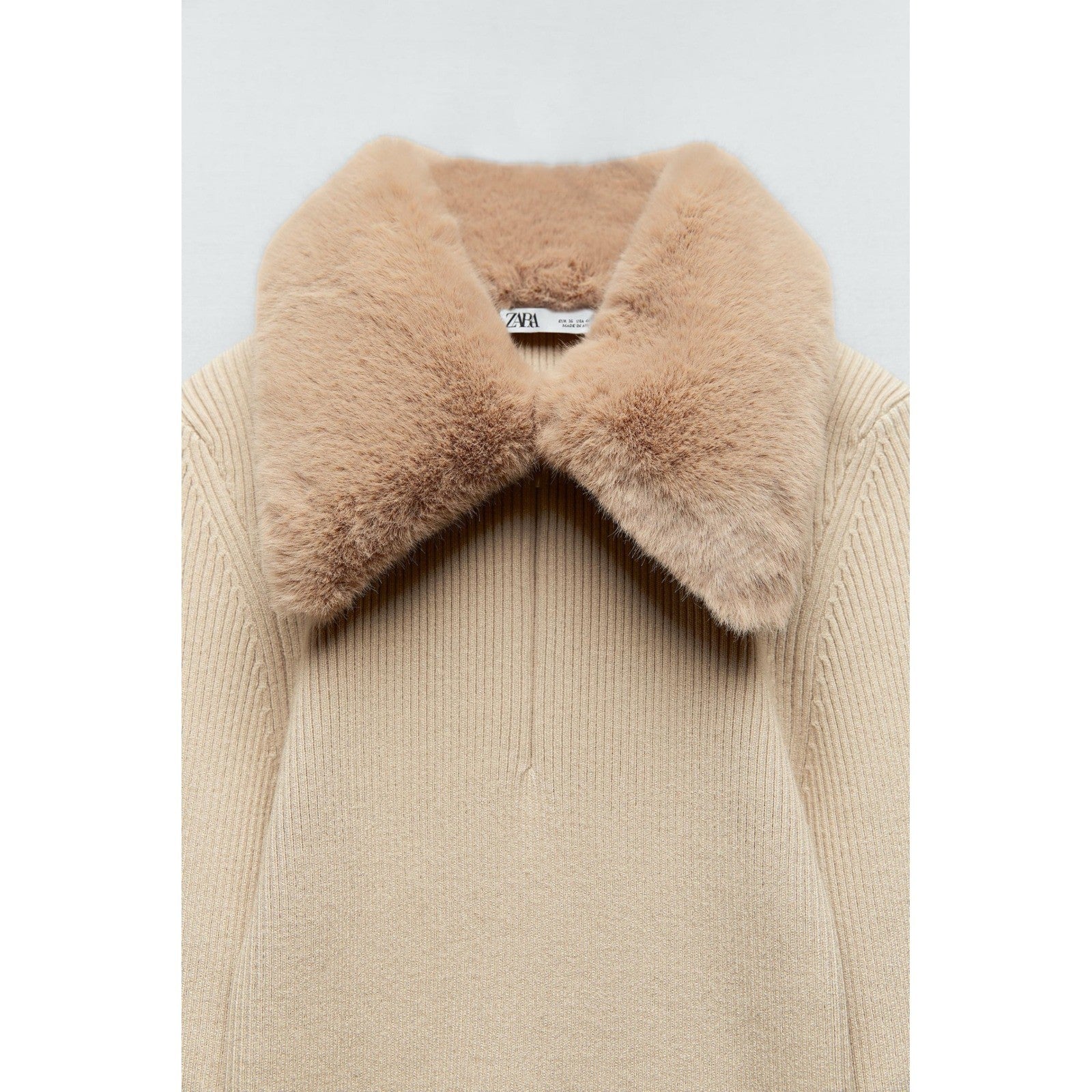 NWT!! ZARA Faux Fur Lapel Knit Sweater Tan Light Brown Zipper Pullover Small