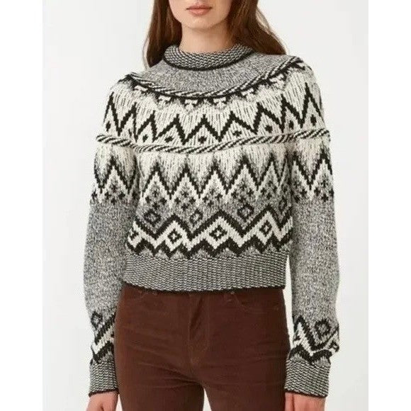 ZARA Nordic Fairisle Jacquard Sweater Black White Fair Isle Knit Pullover Medium