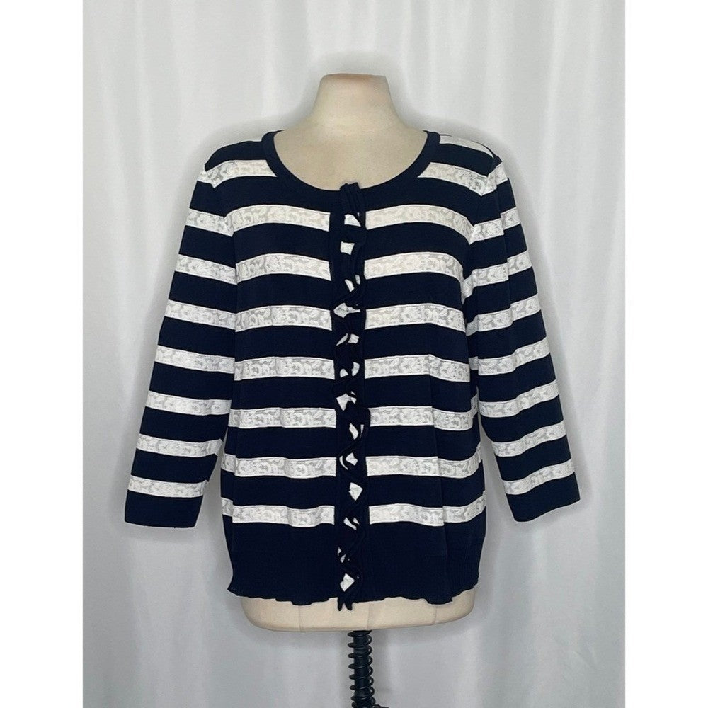 Exclusively MISOOK Navy Blue White Striped Cardigan Sweater Ruffled X-Large