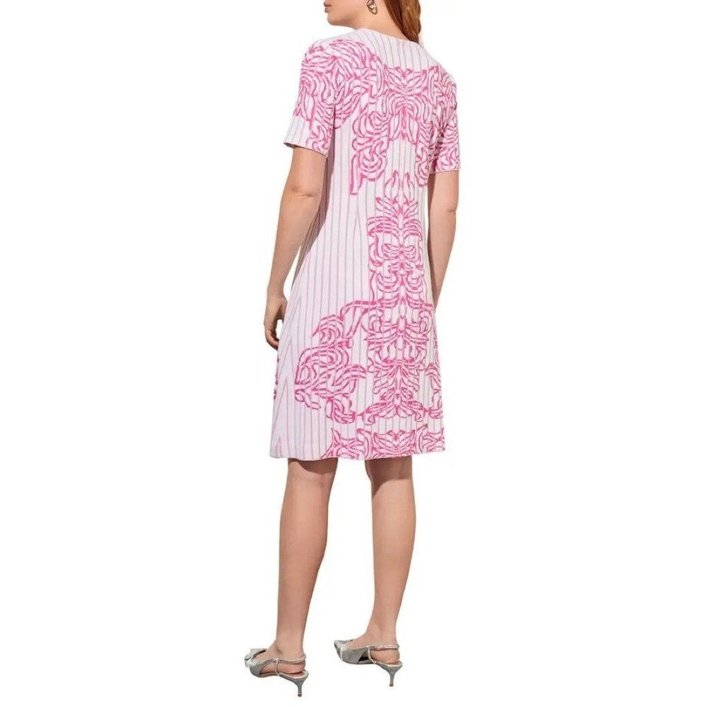 MING WANG Jacquard Rib Dress White Carmine Rose Floral Knit Preppy Office Small