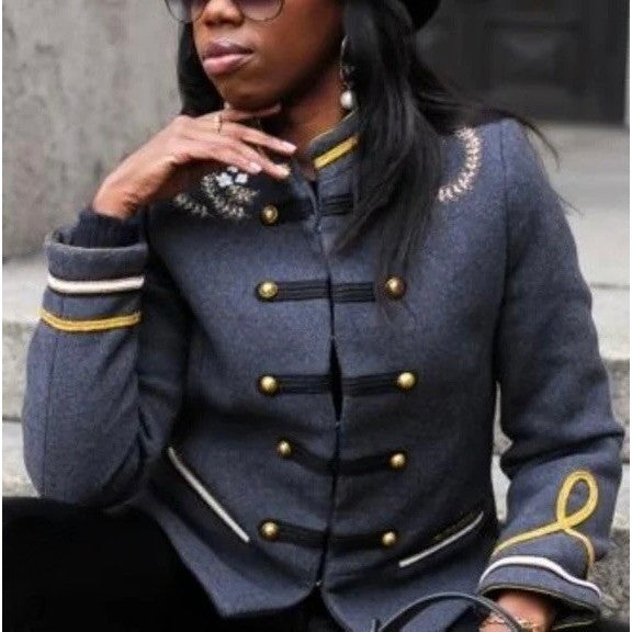 NWT!! ZARA Embroidered Military Jacket Charcoal Gray Gold Braid Buttons Large