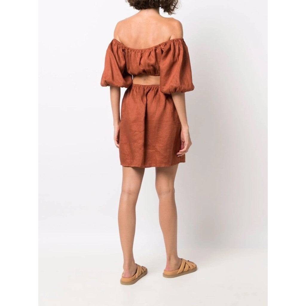 Revolve FAITHFULL THE BRAND Almero Linen Dress Brown Plain Spice Party X-Small