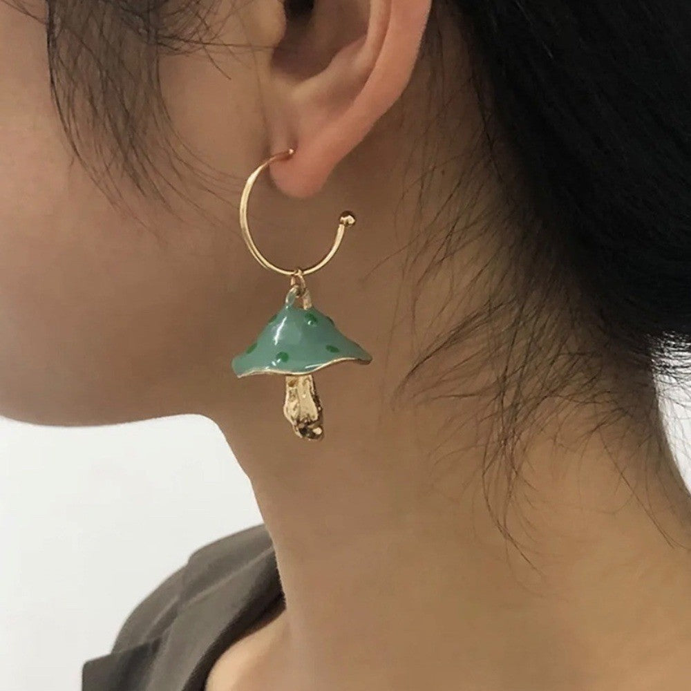 NEW! Dotted Mushroom Gold Metallic Earrings Mushrooms Dangle Dangling Teal Green