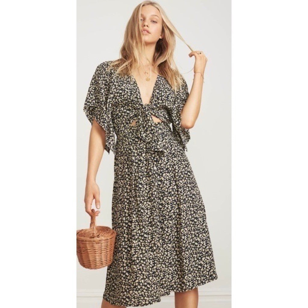 FAITHFULL THE BRAND Massimo Midi Dress Floral Blossom Village Tie Front Small