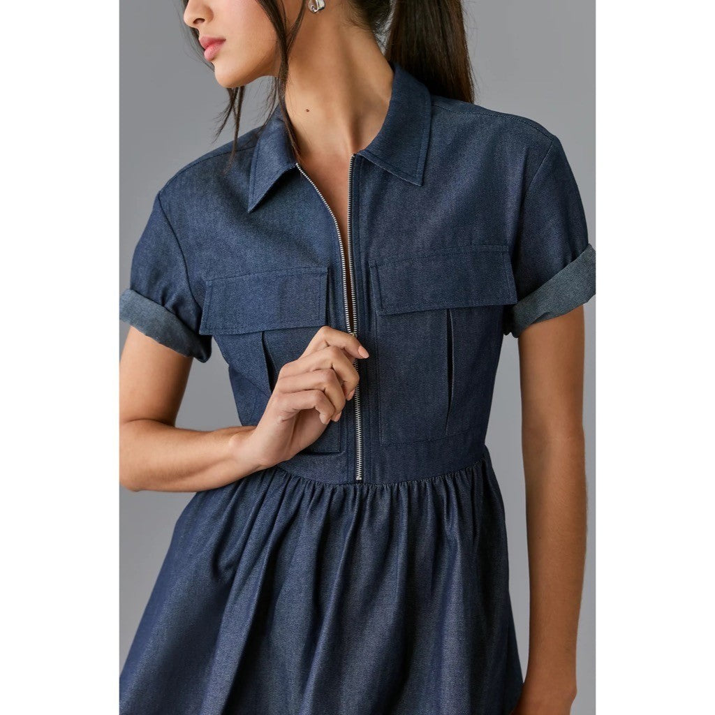 Anthropologie MARE MARE Short Sleeve Denim Bubble Hem Mini Dress Pockets Small