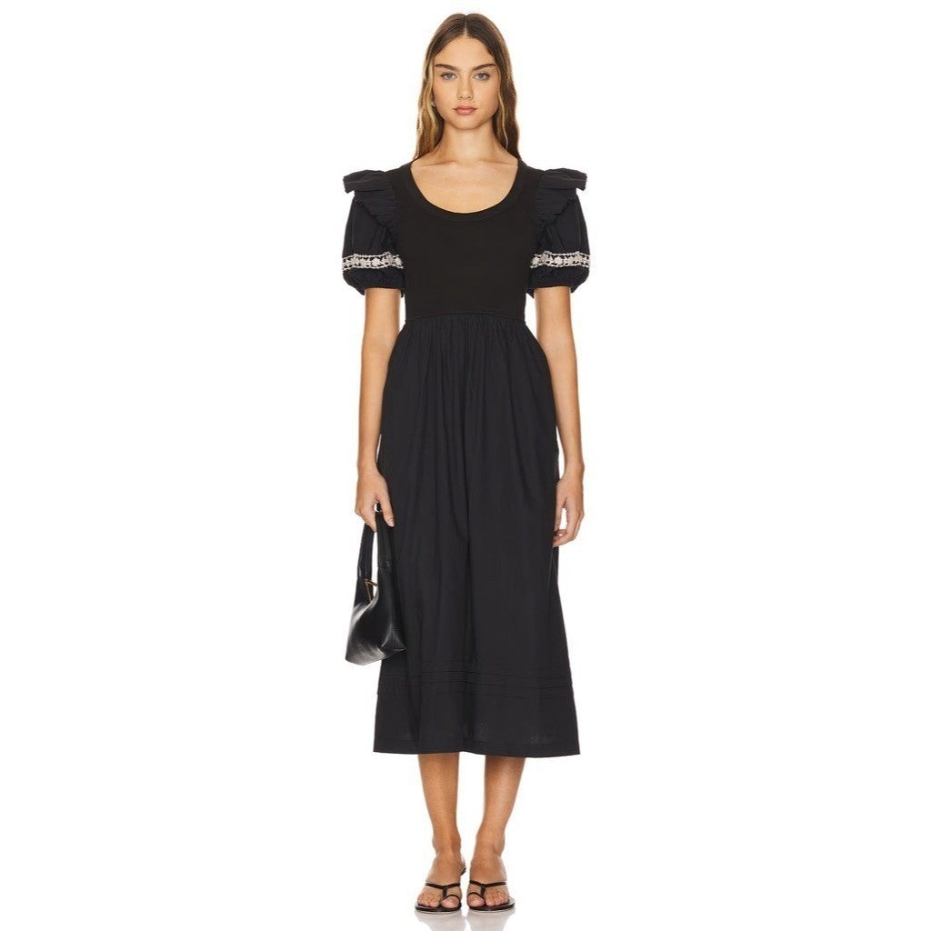 NWT!! CLEOBELLA Selma Midi Dress Embroidered Black Ruffle Puff Sleeves X-Small