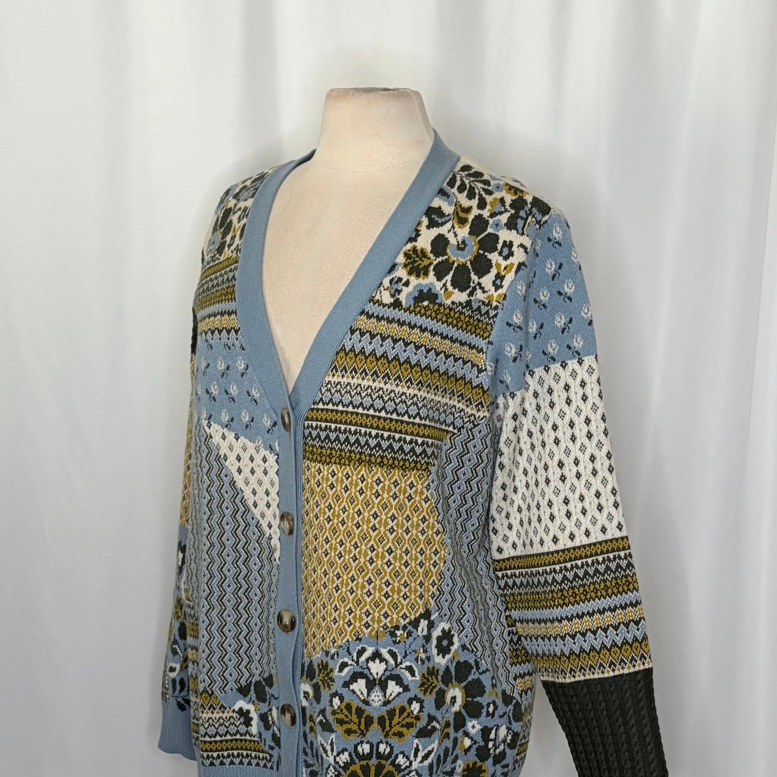 APPLESEED'S Patchwork Cardigan Sweater Floral Fairisle Fair Isle Geometric Large