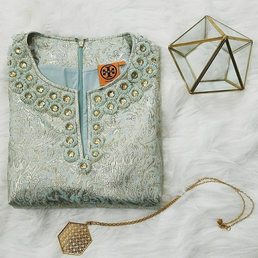 TORY BURCH Lola Top Blouse Aqua Glass Embellished Silk Brocade Floral Size 4