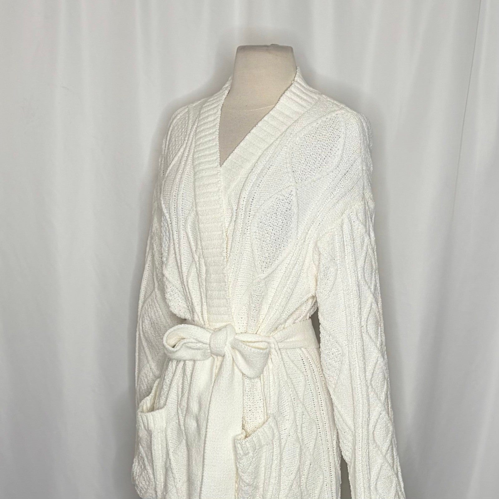 BEACH RIOT Rinna Chenille Robe Cream Cable Knit Belted Pockets X-Small Small