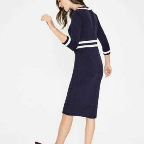 BODEN Nellie Ponte Knit Dress Navy Blue White Preppy Nautical Modest Size 4