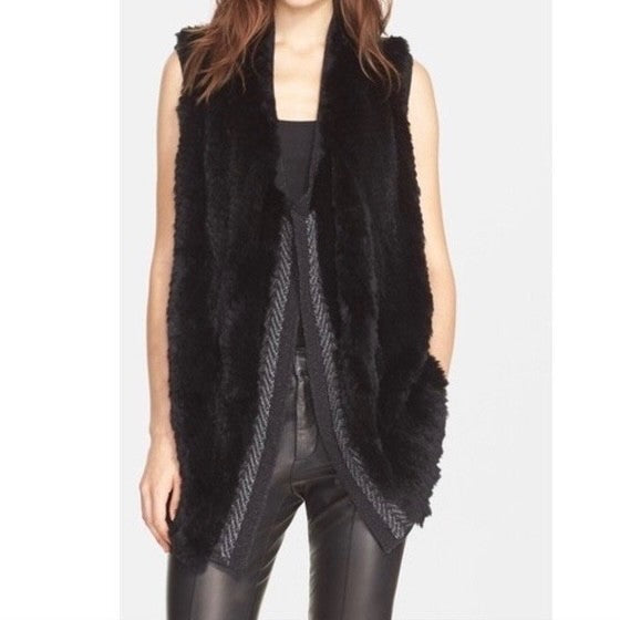 VINCE Rex Rabbit Fur Drape Front Sweater Vest Mixed Materials Knit Back X-Small