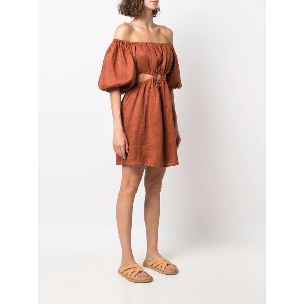 Revolve FAITHFULL THE BRAND Almero Linen Dress Brown Plain Spice Party X-Small