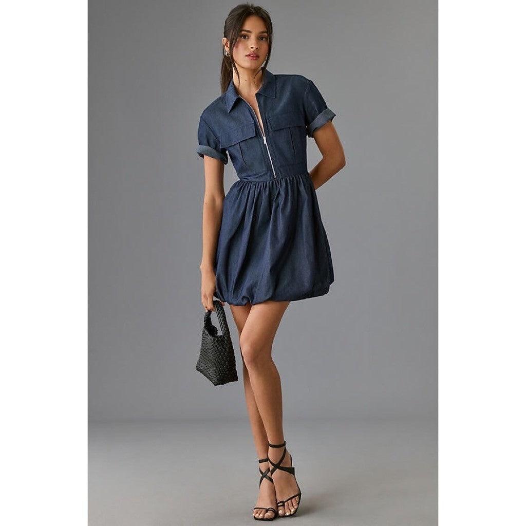 Anthropologie MARE MARE Short Sleeve Denim Bubble Hem Mini Dress Pockets Small