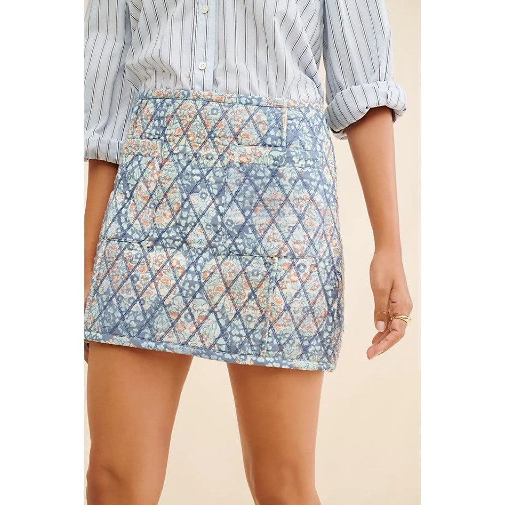 FREE PEOPLE Darla Quilted Mini Skirt Pockets Smoky Combo Tapestry Blue Size 2