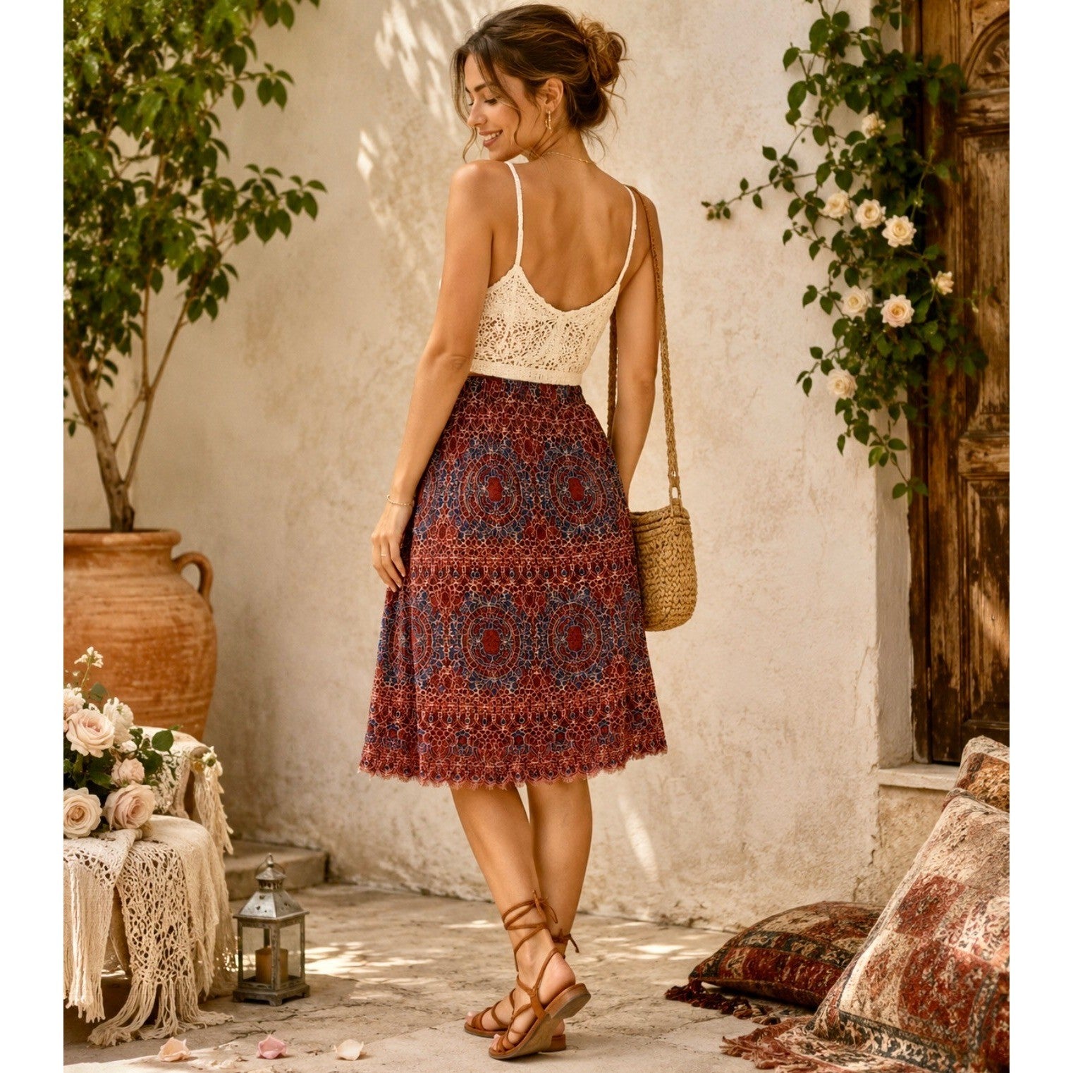 SUNDANCE Elisa Lace Skirt Bohemian Feminine Coquette Scalloped Hem Medium