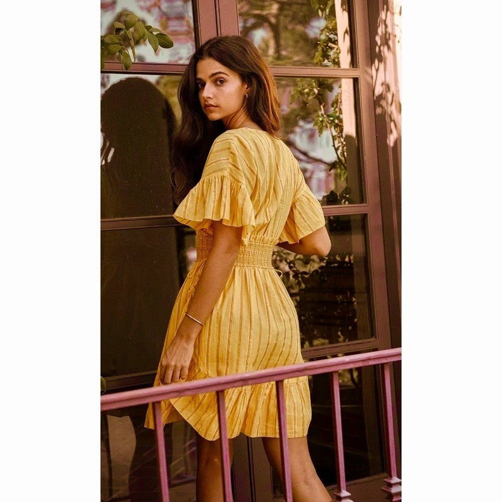 SAYLOR Yellow Metallic Striped Dress Fluttery Smocked Mini Gold Party Medium