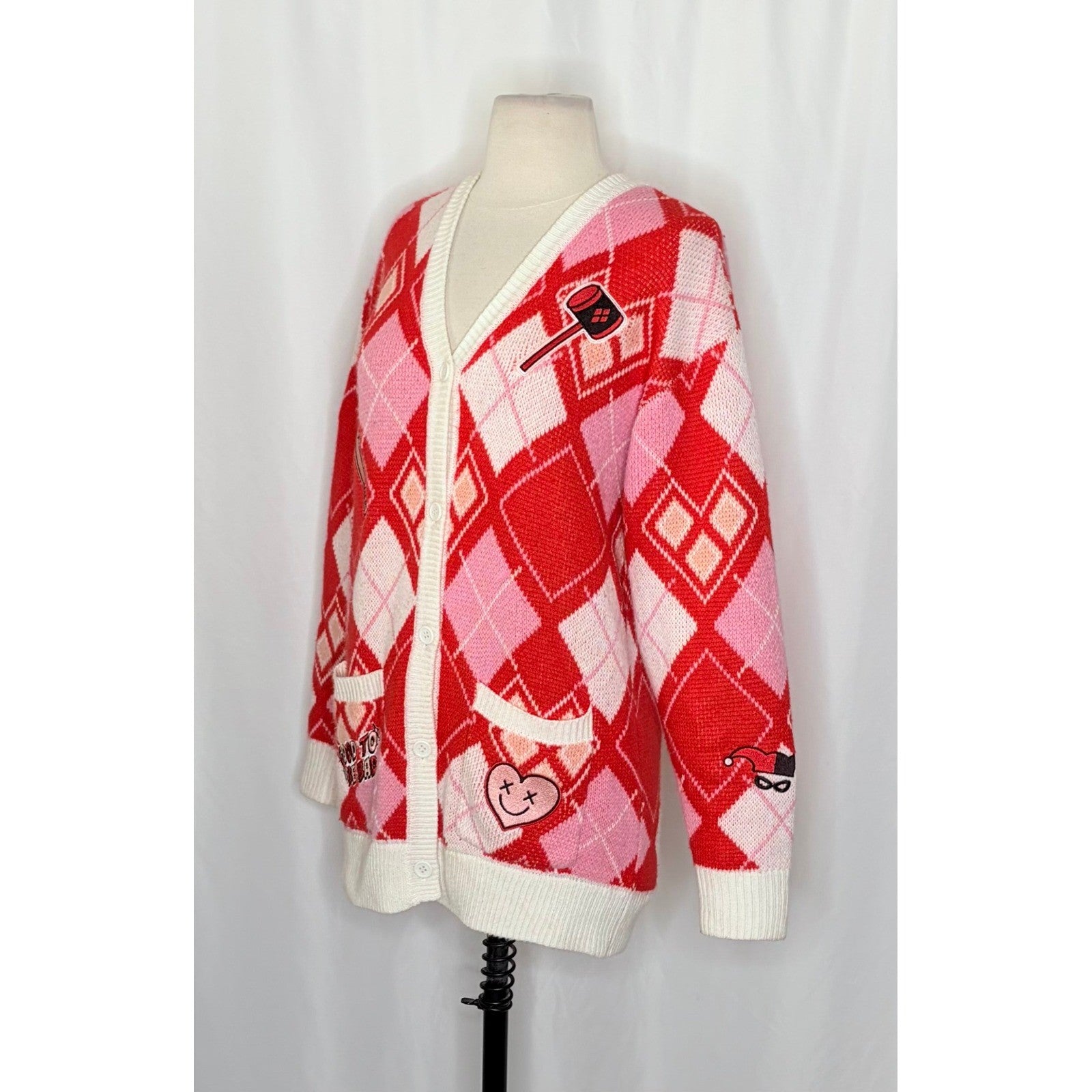 HARLEY QUINN Argyle Cardigan Sweater DC Comics Harlequin Batman Joker Small