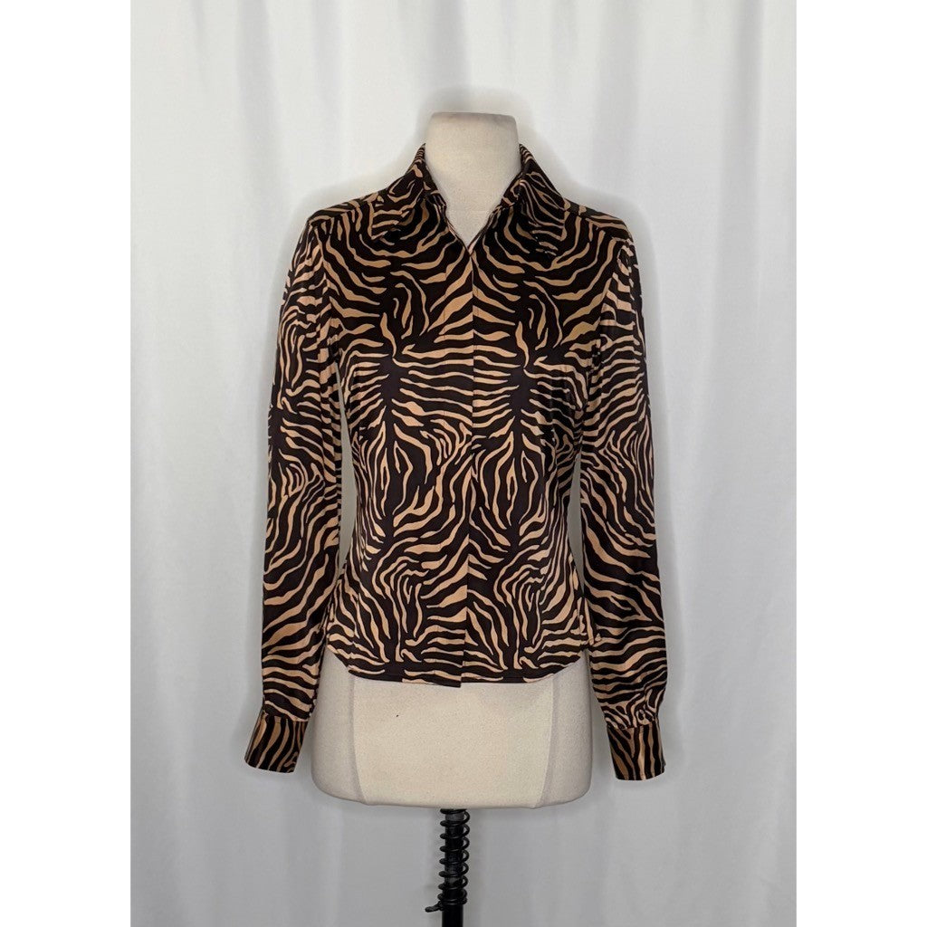 ETCETERA Stretch Silk Buttondown Shirt Blouse Animal Print Brown Tan Size 2