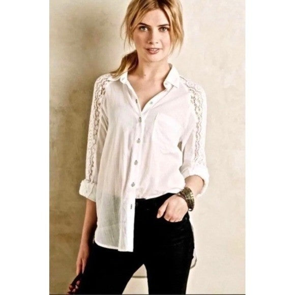 Anthropologie HOLDING HORSES White Lace Sleeve Buttondown Shirt Top Lacey Small