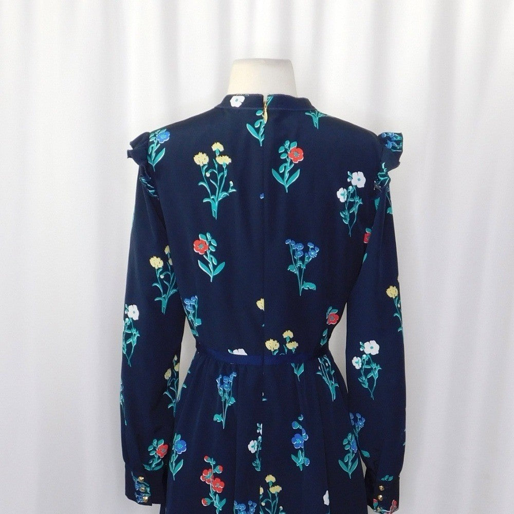 DRAPER JAMES Tisdale Navy Blue Floral Dress Tie Neck Ruffle Shoulders Size 8