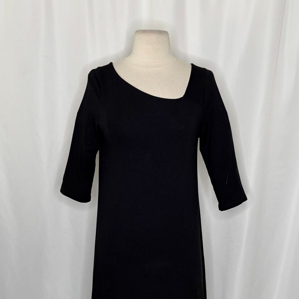 EILEEN FISHER Black Knit Shift Dress Half Sleeves Asymmetrical Neckline X-Small