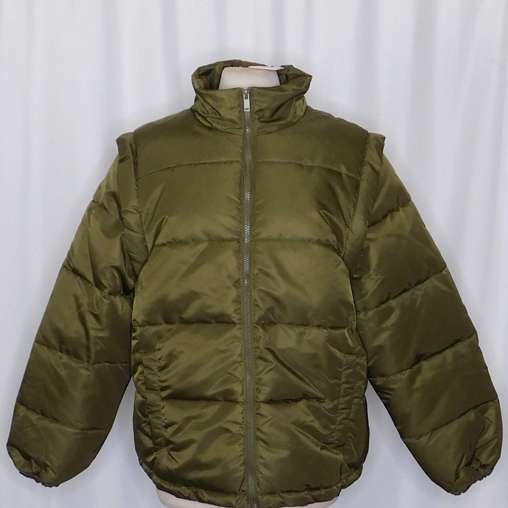 NWT!! WEWOREWHAT Zip Off Sleeve Nylon Puffer Jacket Military Olive Medium