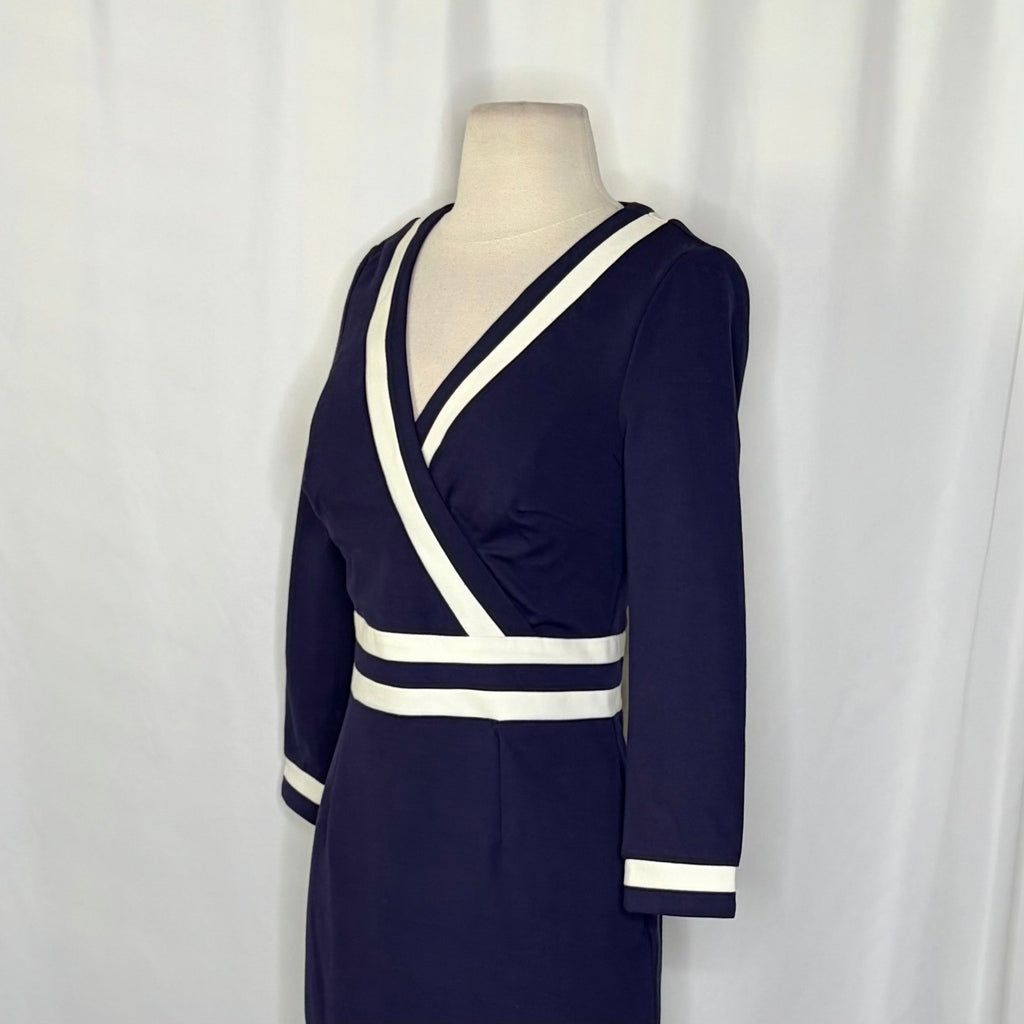 BODEN Nellie Ponte Knit Dress Navy Blue White Preppy Nautical Modest Size 4