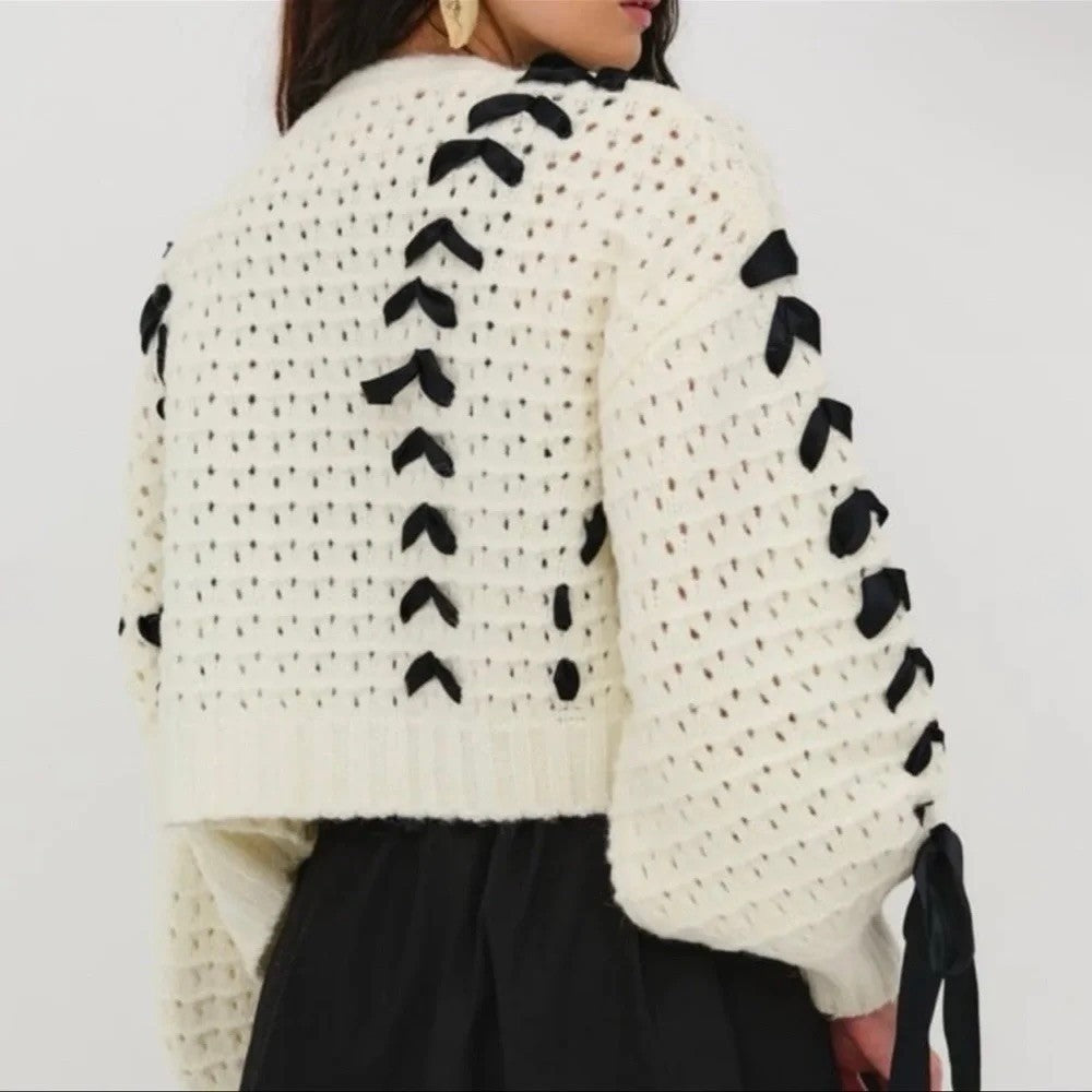 FOR LOVE & LEMONS Laurel Cardigan Sweater Office White Black Ribbons X-Small
