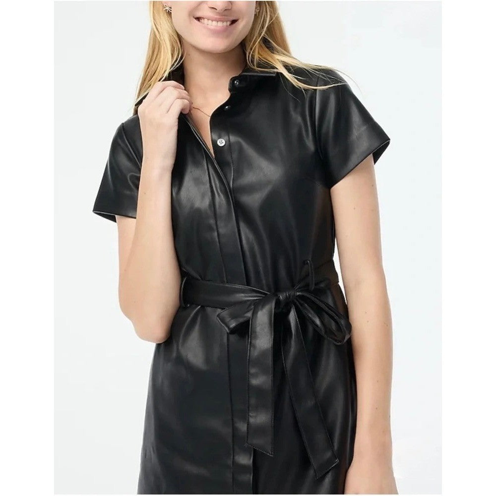 NWT!! J. CREW Solid Black Button Front Faux Leather Dress Belted Vegan Small