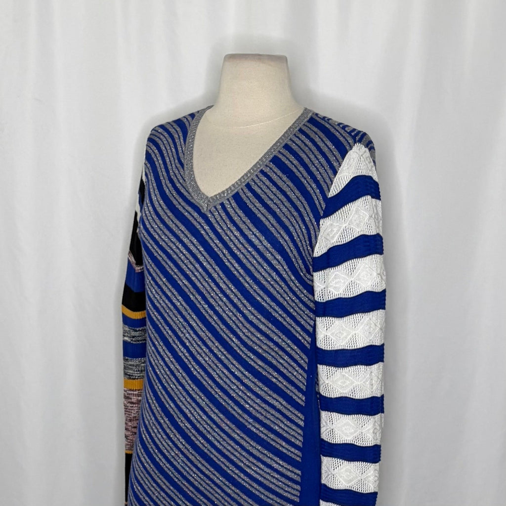 DESIGUAL Nieves V-Neck Pullover Sweater Colorful Stripes Metallic Large