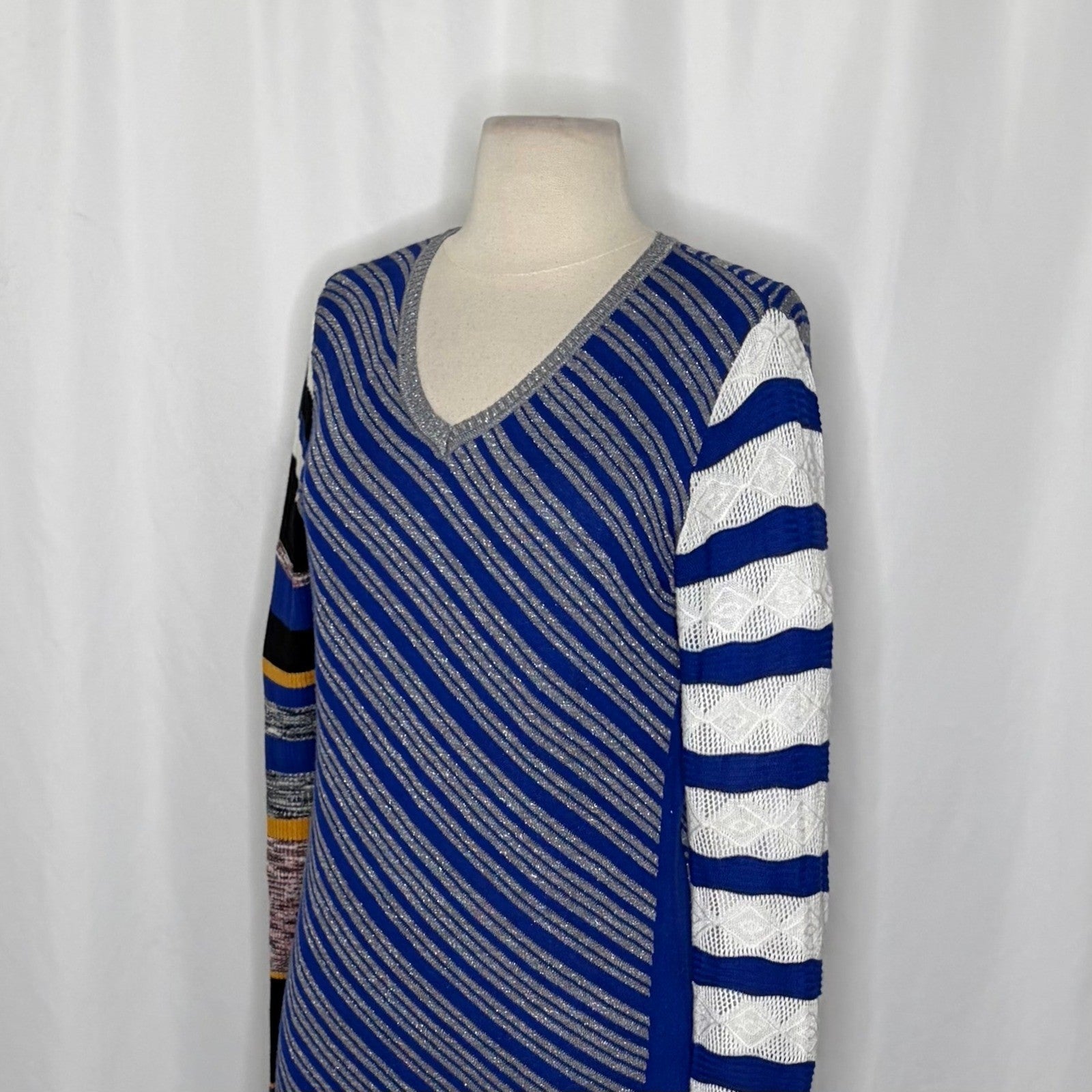 DESIGUAL Nieves V-Neck Pullover Sweater Colorful Stripes Metallic Large