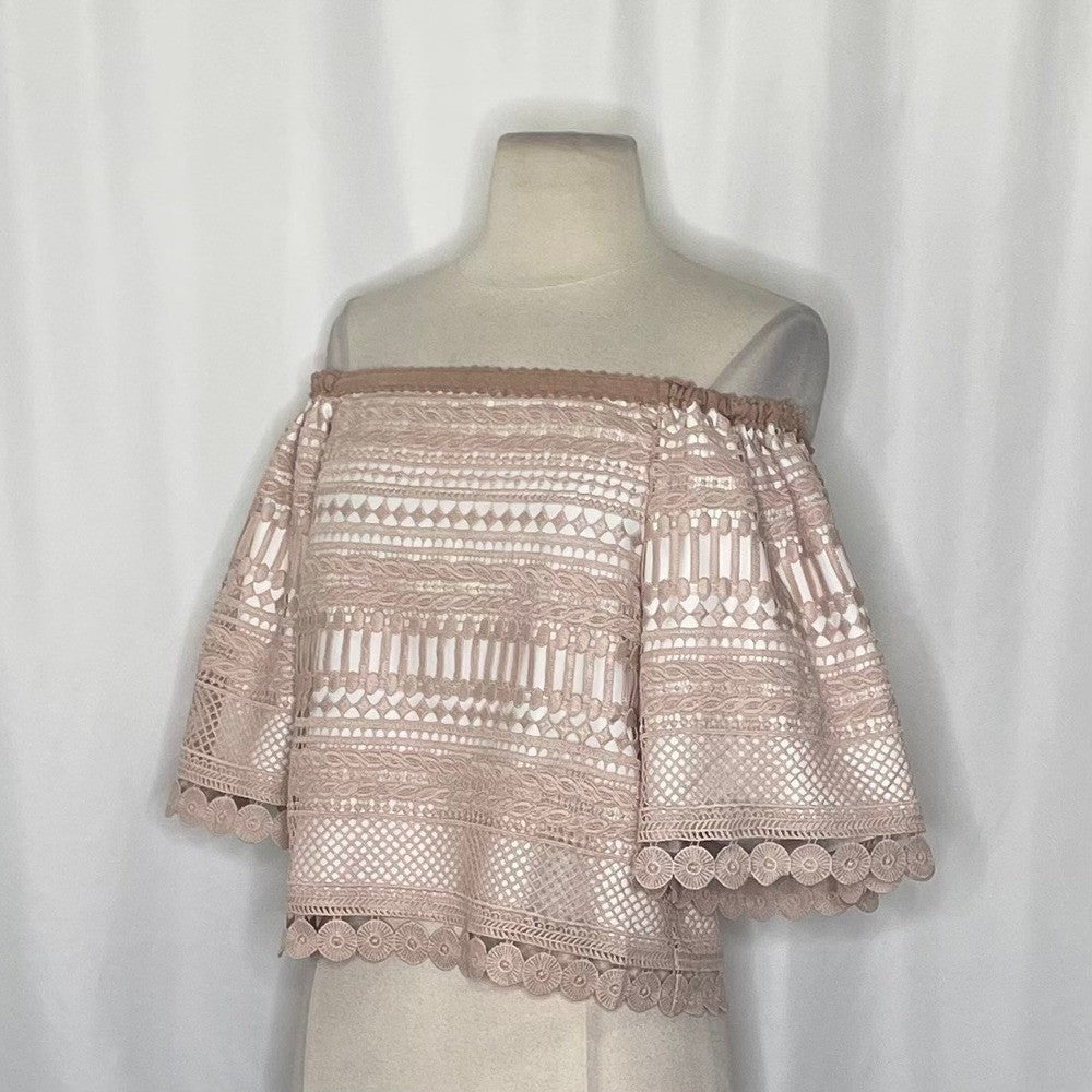 Revolve ALEXIS Finn Lace Off Shoulder Top Blouse Blush Pink Silk Lacey X-Small