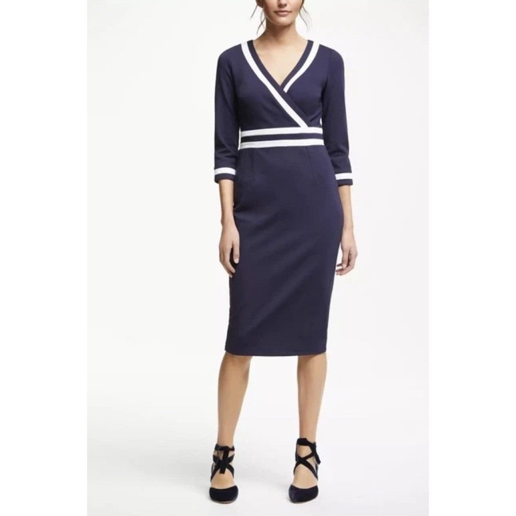 BODEN Nellie Ponte Knit Dress Navy Blue White Preppy Nautical Modest Size 4