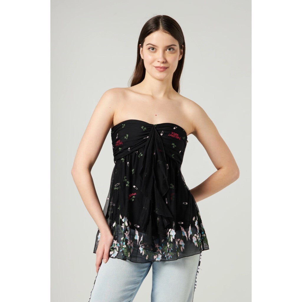 PATRIZIA PEPE Embroidered Tulle Top Strapless Floral Punk Size 40 US 4