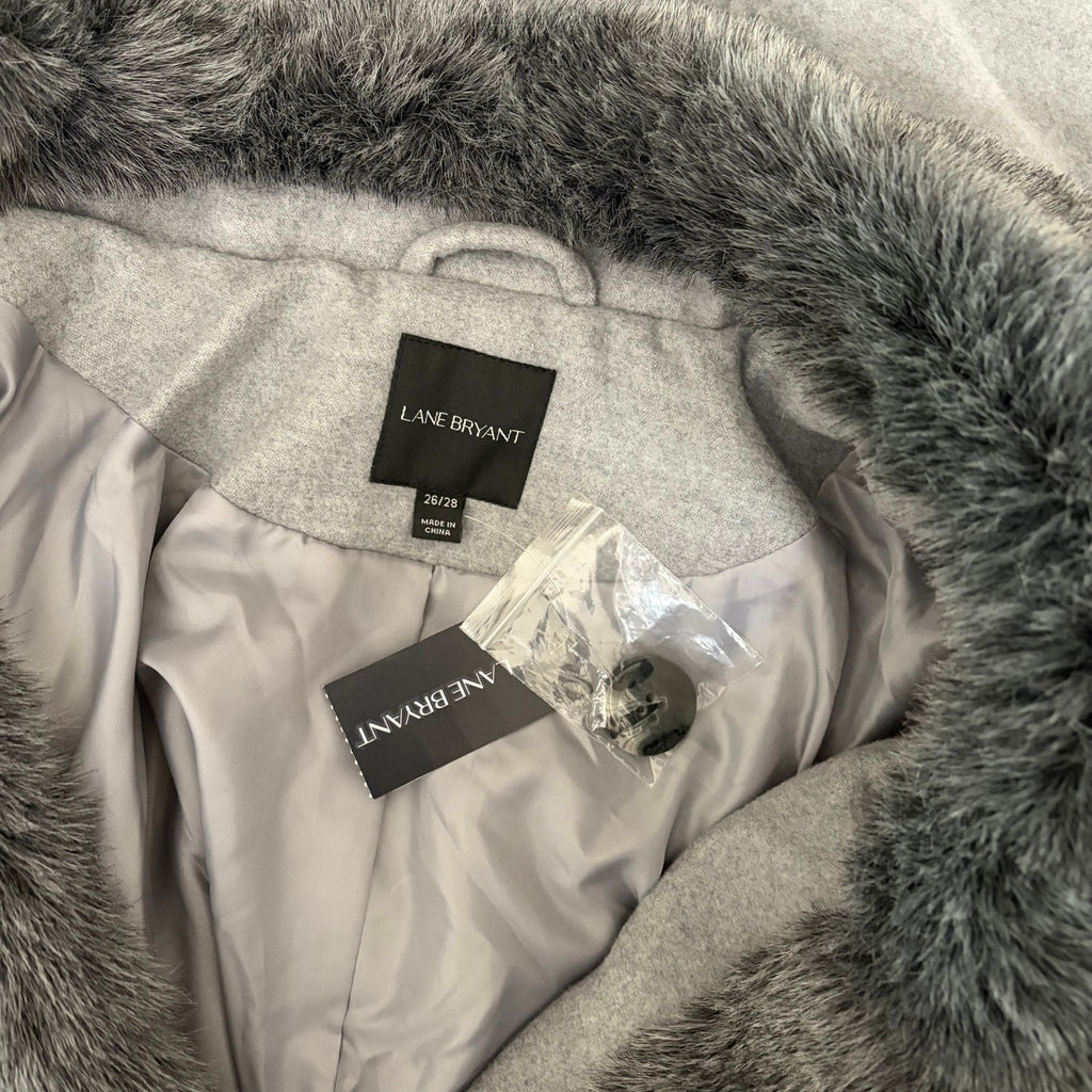 NWT!! LANE BRYANT Grey Belted Trench Coat Faux Fur Collar Cuffs Size 26 28