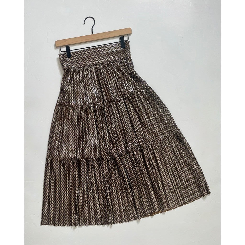 BA&SH Pleated Jupe Poly Midi Skirt Chevron Stripe Foil Metallic Tiered Size 6