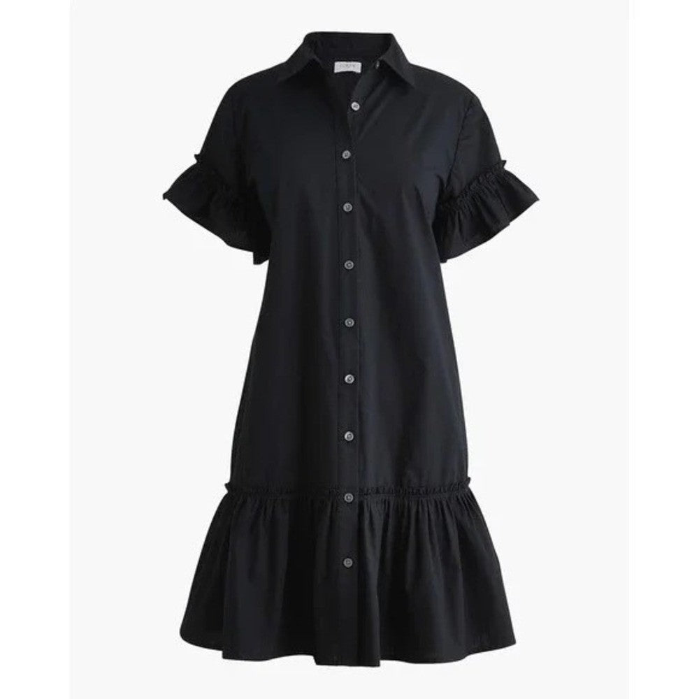 NWT!! J. CREW Factory Ruffle Sleeve Mini Shirtdress Solid Black 2P 2 Petite