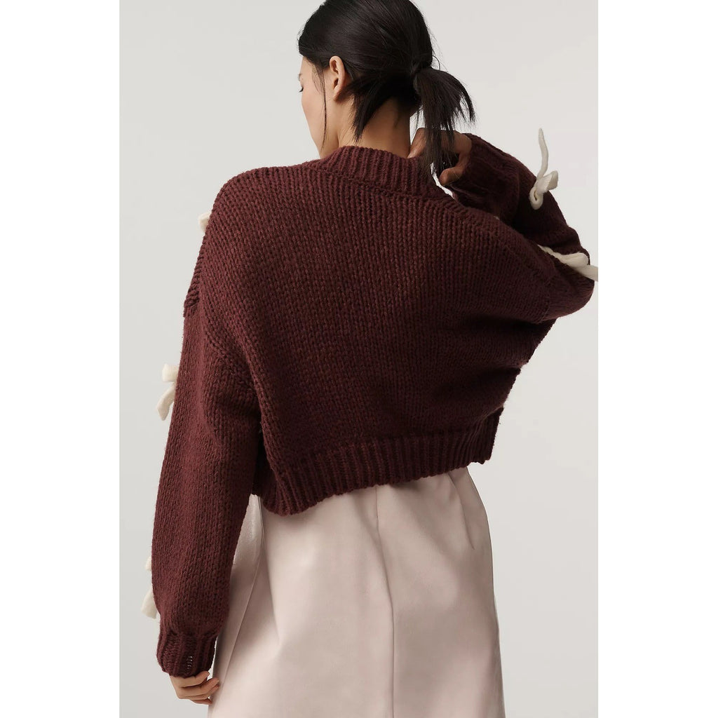 NWT!! Anthropologie MAEVE The Alicia 3D Bow Cropped Cardigan Dark Wine One Size