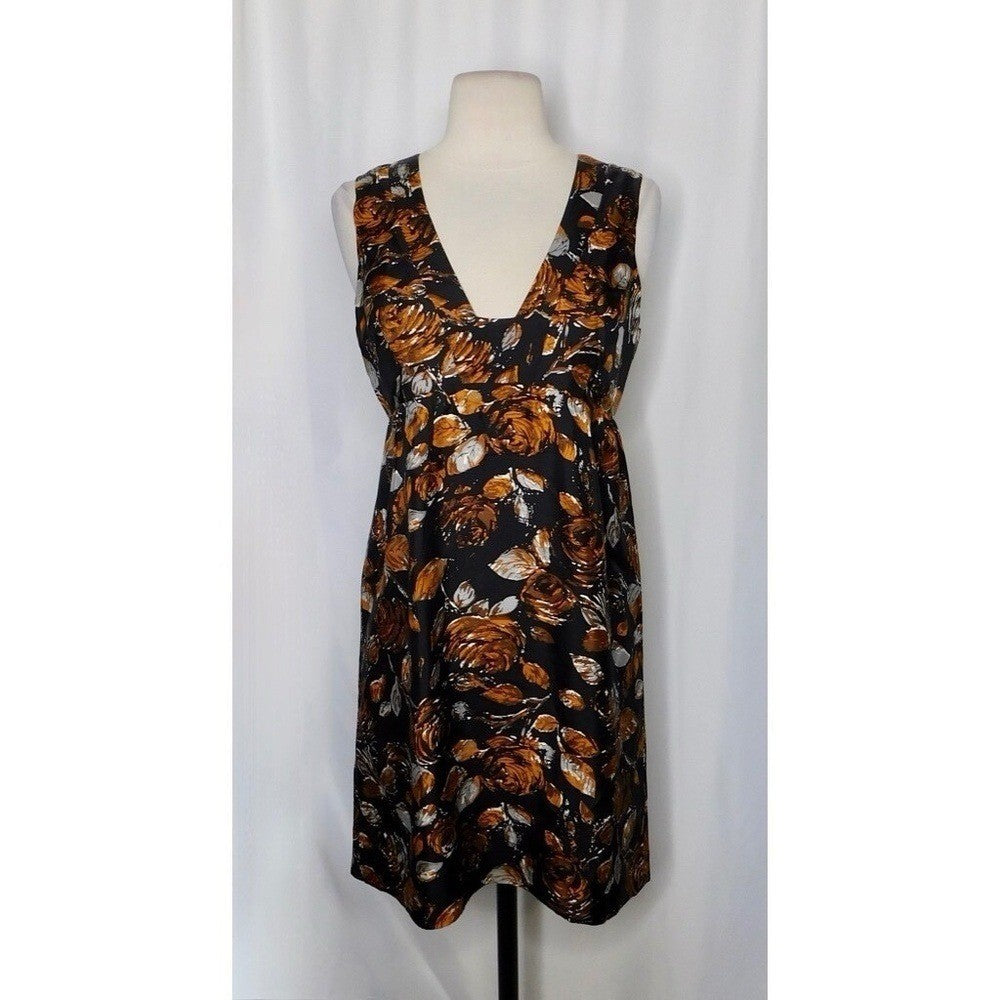 TIBI Floral Silk Dress Roses Retro Black Orange Empire Bodice Party Holidays 2